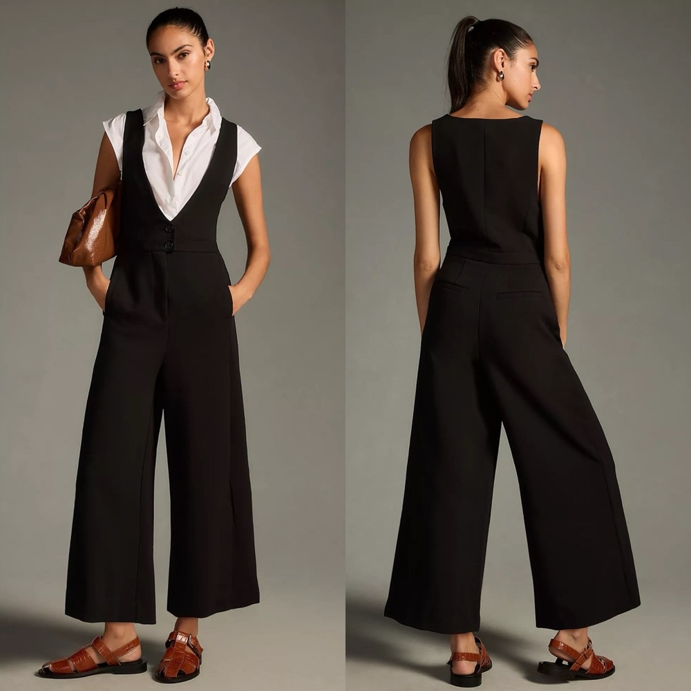 Anthropologie Black Wide-Leg V-Neck Jumpsuit